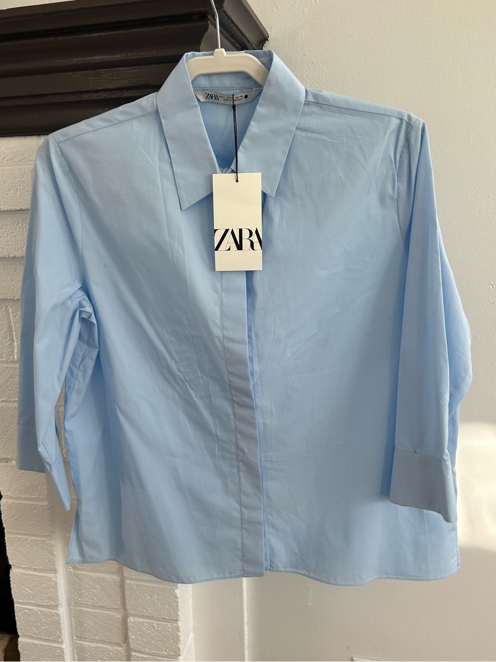 ZARA Pale Blue Button Down Shirt with Hidden Placket Size L NEW